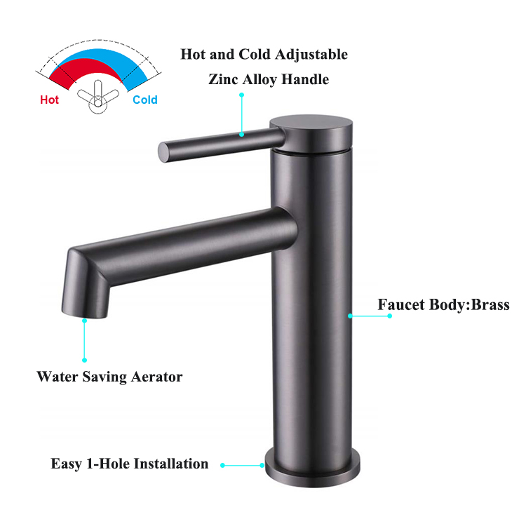 High-End AU Watermark Gun Серый латунный кран для горячей и холодной воды с одной ручкой для ванной комнаты